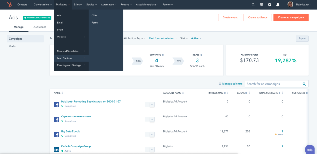 HubSpot Review Screenshot Showing Marketing Tools